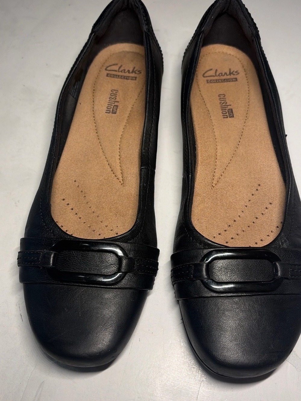 Clarks Black Leather Slip-On Flats with Low-Profile Buckle